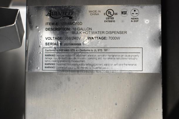 Avantco 177HWD10D stainless steel 10-gallon hot water dispenser, 208/240V, 7000W. Scratch and dent condition. Commercial use.
