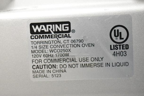 BRAND NEW 2023 Waring WCO250X Stainless Steel Convection Oven label showing model, voltage, and usage details.