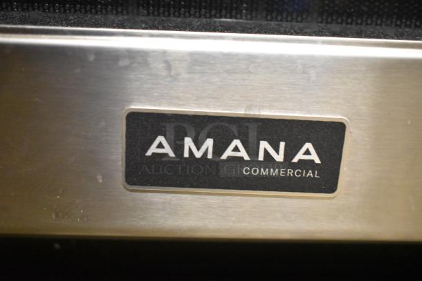 Brand new 2025 Amana RC22S2 heavy-duty commercial microwave, stainless steel, push-button controls, 208/240V, minor scratches.