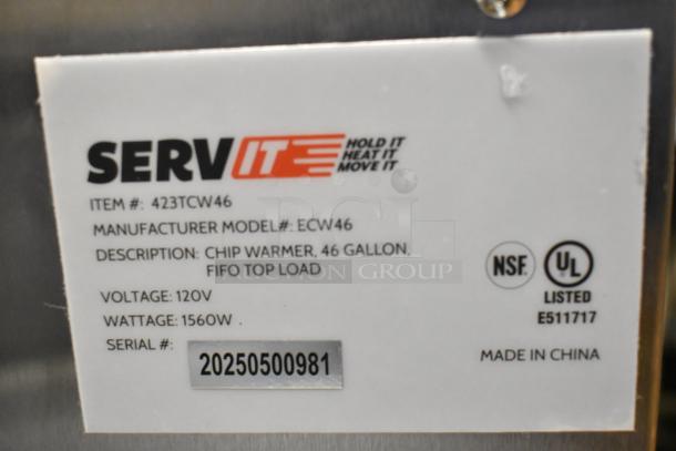 Brand new 2025 ServIt 423TCW46 stainless steel 46-gallon chip warmer, 120V, 1 phase. NSF and UL listed. Serial: 20250500981.