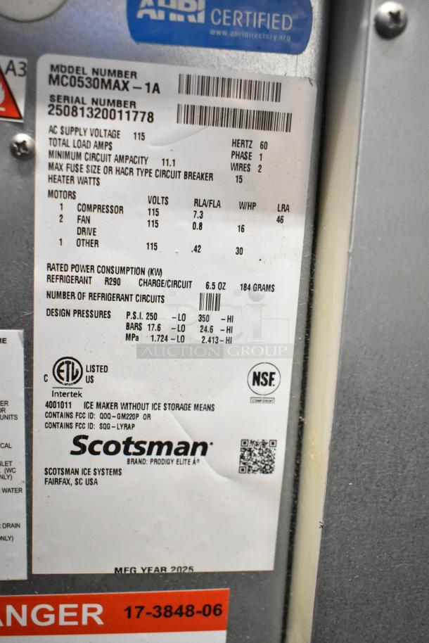 Label on Scotsman MC0530MAX-1A Ice Machine, showing specifications: 115 volts, 1 phase, Prodigy Elite® Series, NSF certified.