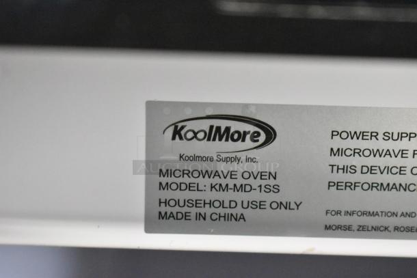 Label on KoolMore KM-MD-1SS microwave drawer shows brand, model, and "Household use only, Made in China."