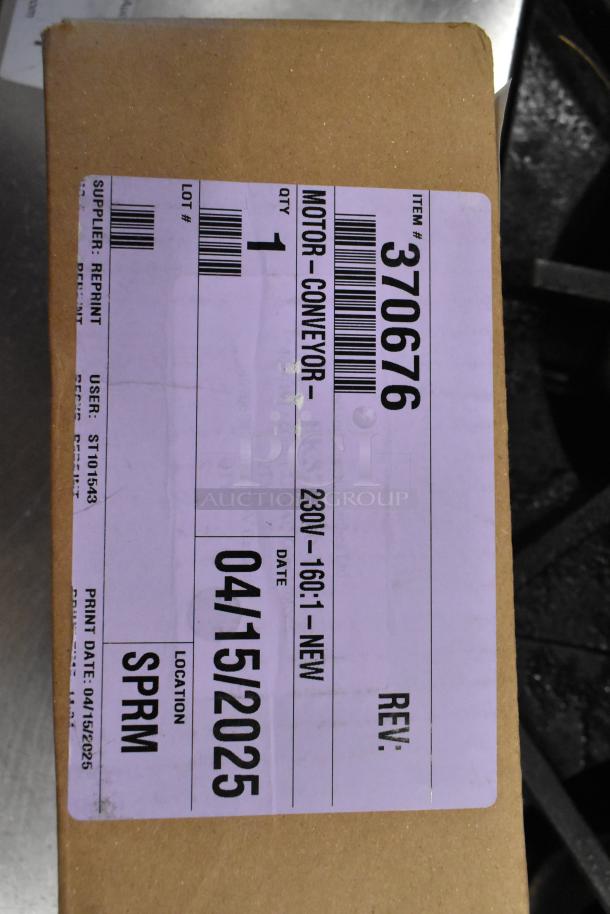 Box with label for Lincoln 370676 Motor, 230V, new, with item details and date 04/15/2025.