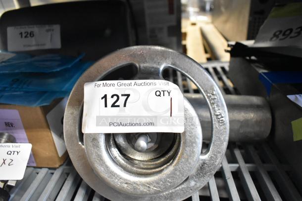 Brand new metal commercial meat grinder attachment, scratch and dent condition, with visible auction label "127."