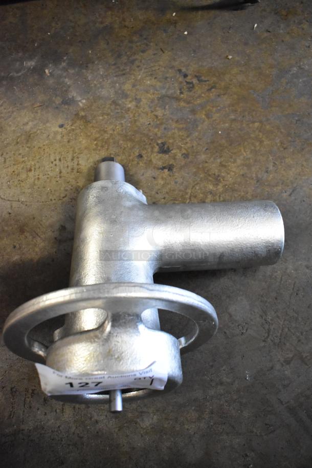 Brand new metal commercial meat grinder attachment with dents. Item label "127" visible.