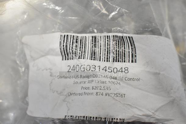 Barcode and label on packaging of Garland/US Range G03145-048 Fd Control, indicating product details and order info.