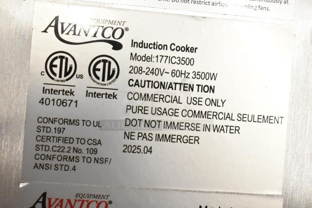 Avantco 177IC3500 stainless steel induction range label, 208-240V, 3500W, commercial use only, conforming to UL and NSF standards.