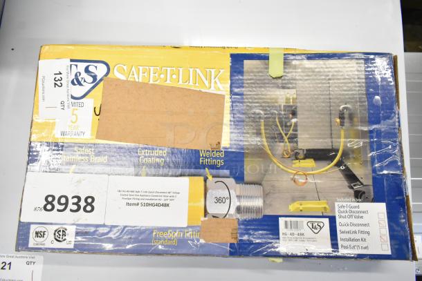 Brand new T&S Safe-T-Link 510HG4D48K gas connector hose, 48" yellow coated steel, 3/4" NPT, with FreeSpin fitting and kit.