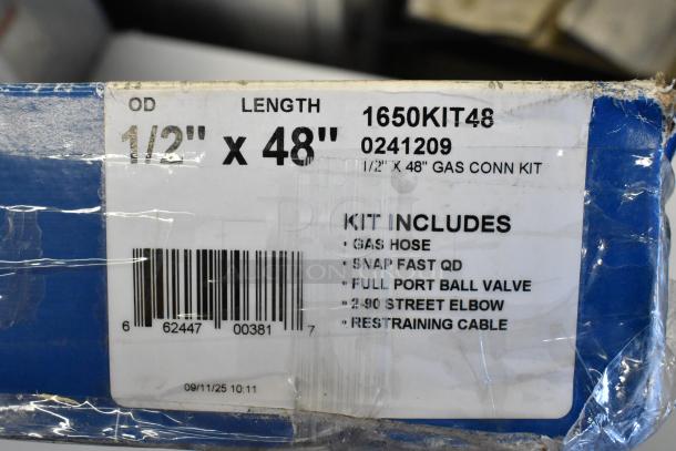 Brand new Dormont 1650KIT48 gas connector kit, 48" length, 1/2" diameter, includes gas hose, SnapFast QD, two elbows, and restraining cable. Box shows signs of wear.