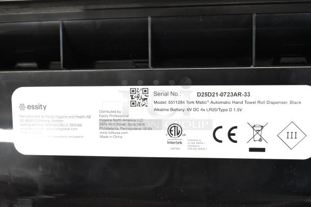 BRAND NEW Tork Matic® 5511284 Black Automatic Hand Towel Dispenser, wall-mount, 6V battery, minor scratches, serial D25D21-0723AR-33.