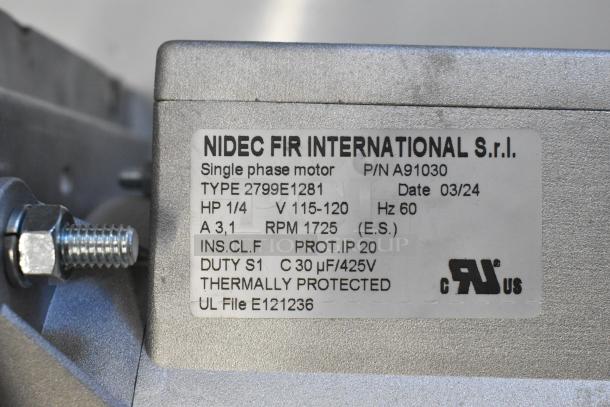 BRAND NEW 2024 Nidec convection oven motor, 115-120V, single phase, Type 2799E1281, 1/4 HP, RPM 1725, thermally protected.