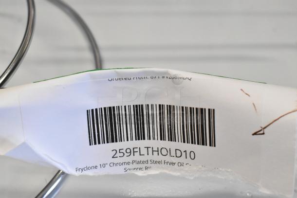 Barcode label showing "259FLTHOLD10 Fryclone 10-Inch Chrome-Plated Steel Fryer Oil Cone Filter Holder."