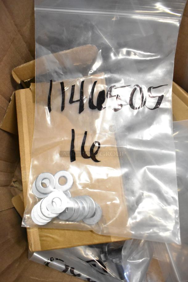 Lot of new scratch and dent legs, screws, washers in plastic bags. Marked "1146505 16e." Visible washers in bag.