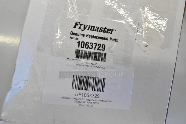Frymaster PCB Assembly 1063729 box labeled as genuine replacement part, includes item info and barcode details.