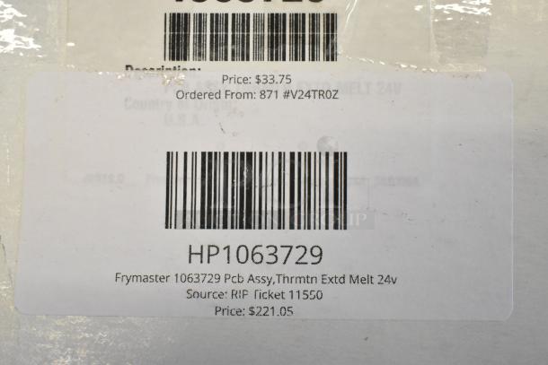 Label for Frymaster 1063729 PCB Assembly, showing barcode, price $221.05, and order details. New Scratch and Dent item.