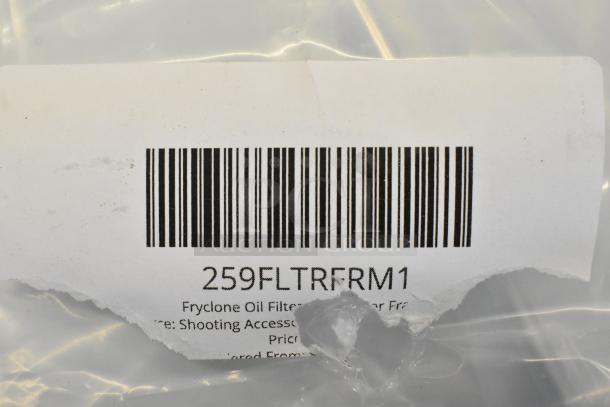 Label with barcode showing "259FLTRFRM1," indicating Fryclone Oil Filter Bag Holder Frame model. Packaging is partially torn.