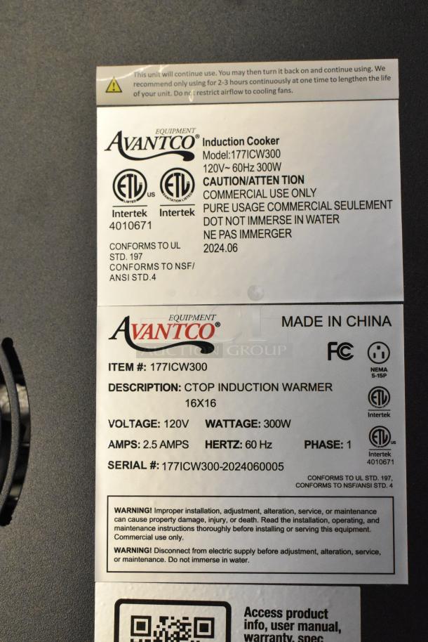 Brand new Avantco 177ICW300 16"x16" black countertop induction warmer, 120V, 1 phase, 300W; commercial use only.