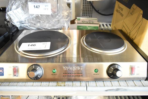 Brand new 2023 Waring WDB600 double burner range, 120V, 1 phase, solid top, stainless steel, scratch and dent condition.