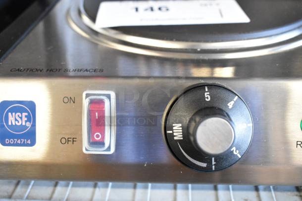 Brand new 2023 Waring WDB600 double burner range, 120 volts, 1 phase. Features switch and temperature dial. NSF certified.