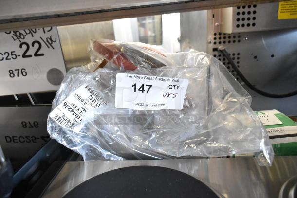 Auction items including Bunn hopper, faucet kit, Blodgett door guide, Noble capacitor, BKI lid gasket; new condition, labeled.