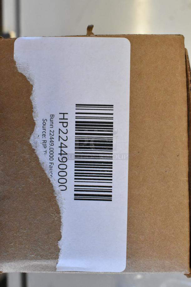 Label on a Bunn 22449.0000 Faucet Kit box shows barcode and model number HP224490000. Box is slightly torn.