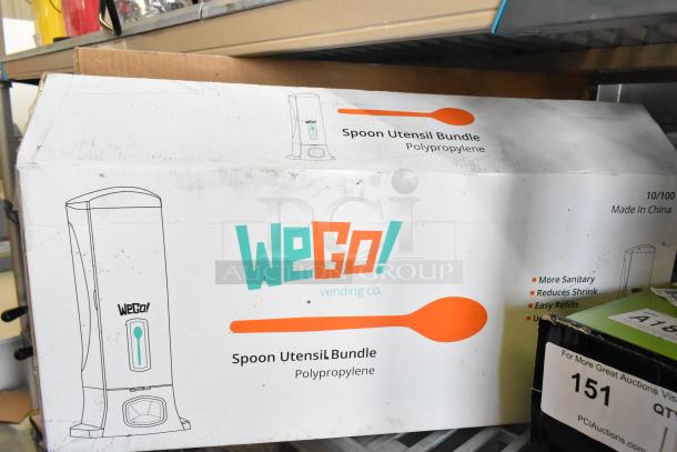 Box of WeGo vending co. Spoon Utensil Bundle, model 54102200, scratch and dent condition, made of polypropylene.