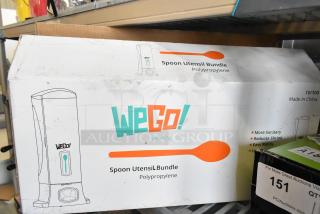 Box of WeGo vending co. Spoon Utensil Bundle, model 54102200, scratch and dent condition, made of polypropylene.