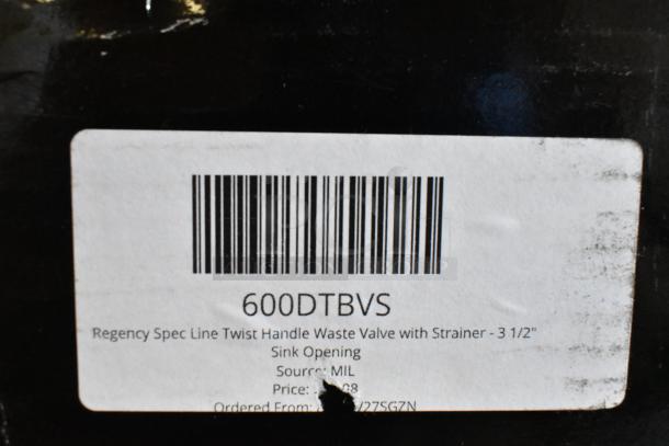 BRAND NEW SCRATCH AND DENT! 600DTBVS Regency waste valve, 3 1/2" sink opening, barcode label, priced at $28.08.