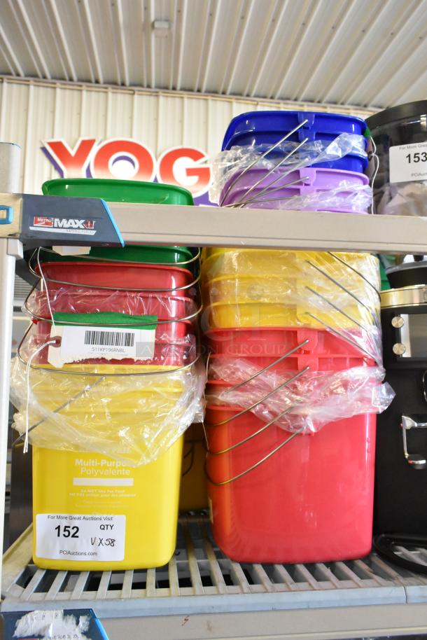 Lot of 58 Noble Poly Buckets, multi-colored, scratch and dent condition. Labels detail usage and quantity.