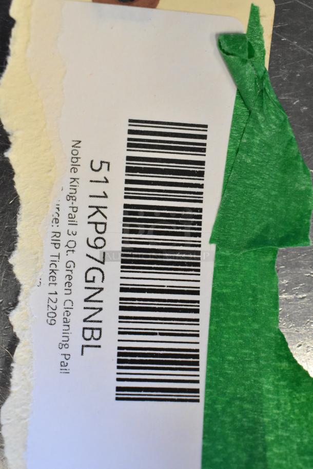 Barcode and label for Noble King Pail, 3 Qt. Green Cleaning Pail, ticket 12209, part of a lot of 58 scratch and dent items.