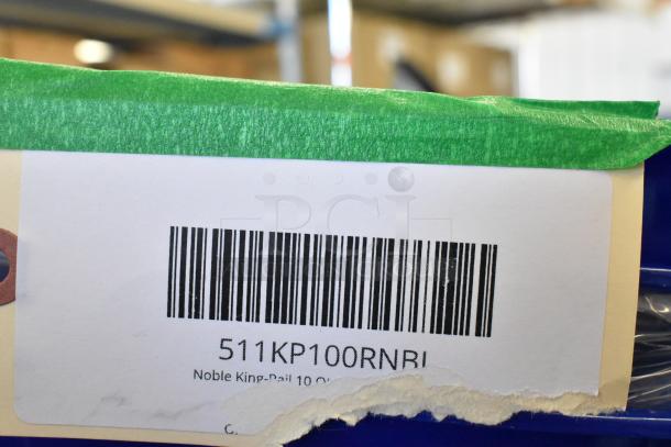 Alt text: Barcode label on Noble Poly Bucket, model 511KP100RNBI, with green tape on blue surface. Lot of 58 available.
