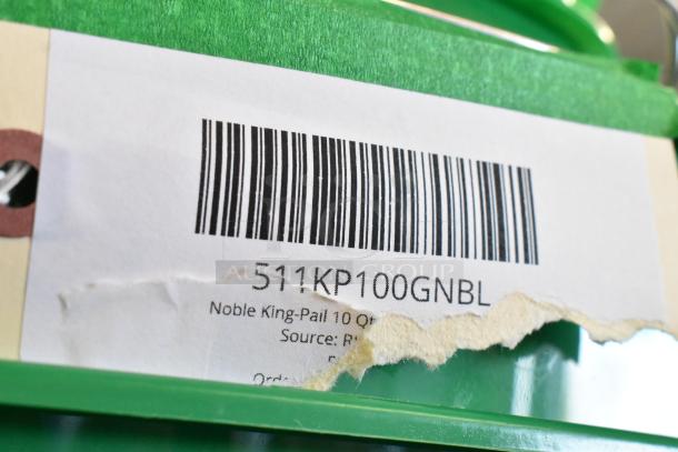 Lot of 58 brand new Noble poly buckets. Barcode label indicates model 511KP100GNBL, Noble King-Pail, 10 Qt capacity.