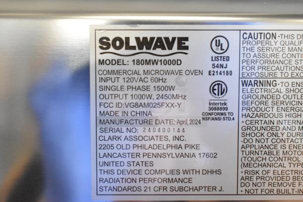 Stainless steel Solwave 180MW1000D commercial microwave, 1000W, 2450MHz, scratch and dent, with dial control, 120V, 1 Phase.