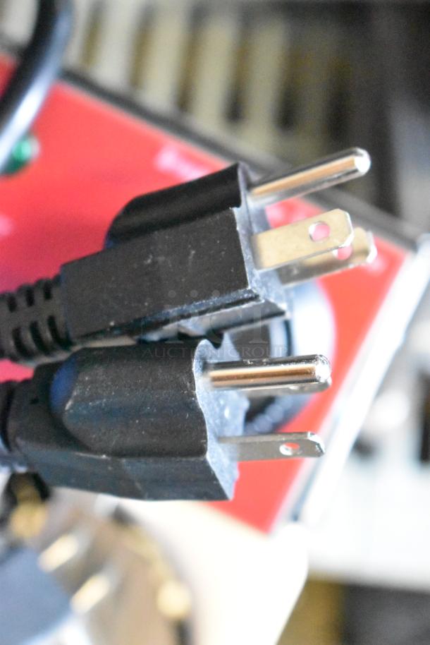 Close-up of a plug for a brand new Avantco 177PC102 stainless steel two-section pasta cooker, 120V, 1 phase, 2024 model.