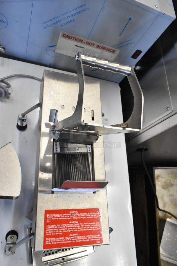 Brand new Edlund 350 Electric Slicer, 115V, 1 Phase. Scratch and dent condition. Warning label visible.