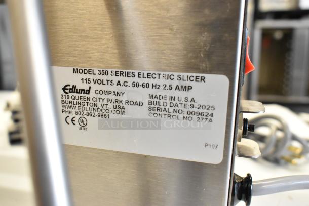 Edlund 350 Electric Slicer, 115 Volts, made in USA. Scratch and Dent condition. Label shows specs and contact info.