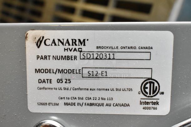 Label for Canarm S12-E1 exhaust fan, part SD120311, UL and CSA certified, made in Canada, date 05/25.