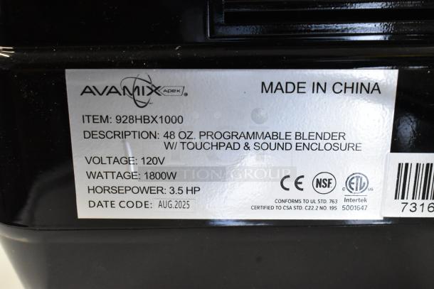 BRAND NEW AvaMix 928HBX1000 blender label; 48 oz, 3.5 hp, touchpad, sound enclosure, 120V, 1800W, made in China.