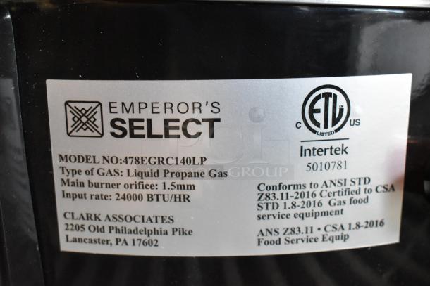Alt Text: Emperor's Select 478EGRC140LP gas rice cooker label displaying model, propane type, 24,000 BTU, and certification details.
