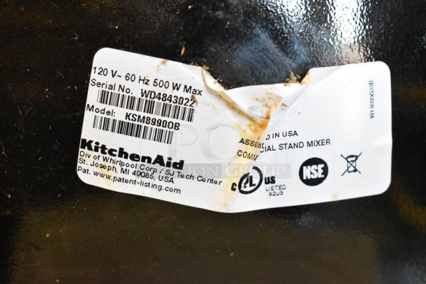 KitchenAid KSM8990OB 8 Qt. Bowl Lift Mixer in metal black. Power cord cut, 120V, 1-phase. Label with model and serial number visible.