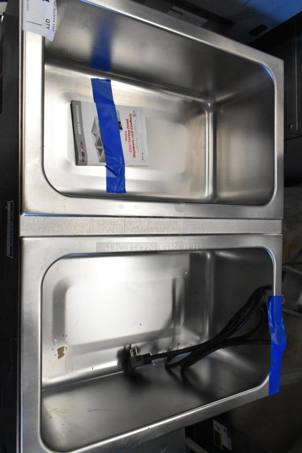 Brand new ServIt 423FW200D stainless steel dual well food warmer, 12"x20", digital controls, 120V, 1-phase, minor scratches.