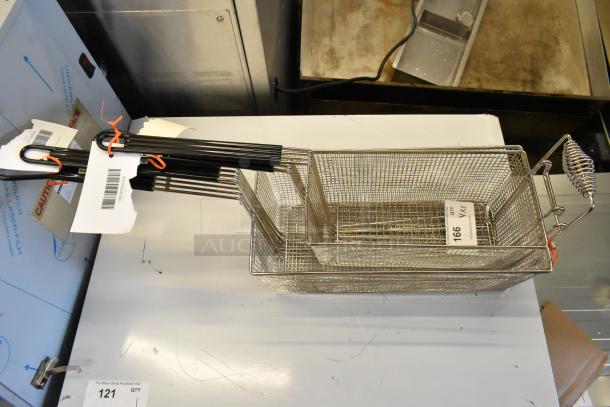 Three brand new fryer basket items with tags, including 14.5"x6", 10"x4.75", and 13.25"x6.5"x5.875" sizes. Scratch and dent condition.