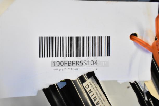 Barcode and label showing model 190FBPRSS104 for 10" x 4 3/4" fryer basket press, new condition.