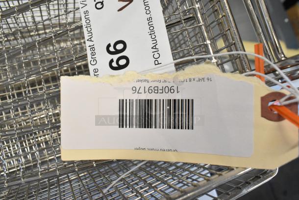 Three new scratch-and-dent fryer baskets. Includes 14.5"x6" 190FBPRSS145, 10"x4.75" 190FBPRSS104, 13.25"x6.5"x5.875" with front hook. Auction tags visible.