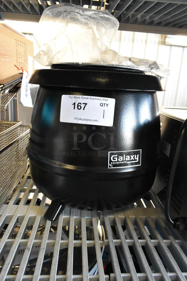 Brand new Galaxy 177GSW11 11 Qt. Soup Kettle Warmer, black, 110V, with minor scratches and dents, on auction shelf.