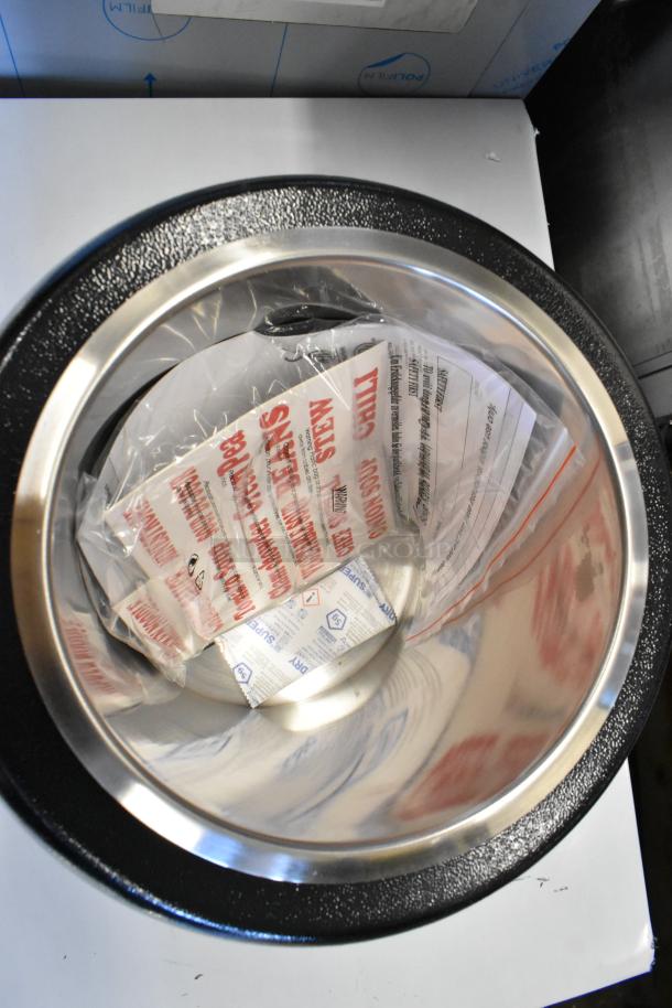 Brand new Galaxy 177GSW11 11 Qt. Soup Kettle Warmer, 110V, 1 Phase. Scratch and dent condition. Tags indicate contents and care instructions.