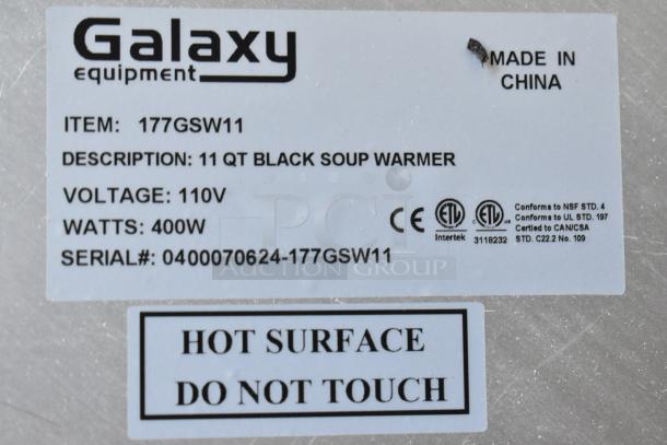 Galaxy 177GSW11 11 Qt. Soup Kettle Warmer label. 110V, 400W, with "Hot Surface, Do Not Touch" warning. Made in China.