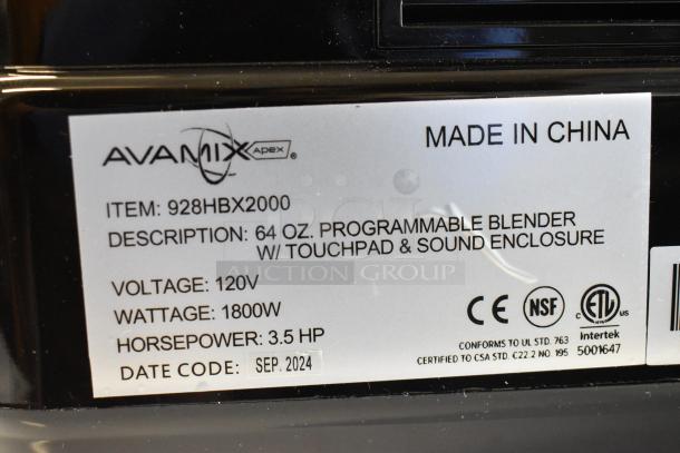 BRAND NEW 2024 AvaMix 928HBX2000, 64 oz., 3.5 hp programmable blender with touchpad and sound enclosure. 120V, 1 phase.