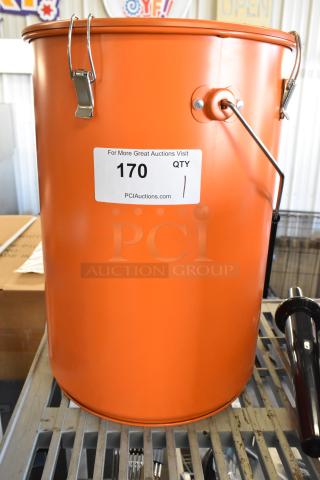 BRAND NEW Fryclone 6.5 Gallon Orange Utility Oil Pail, model 259FOPN6GL. Scratch and dent, secure metal handles, auction tag visible.
