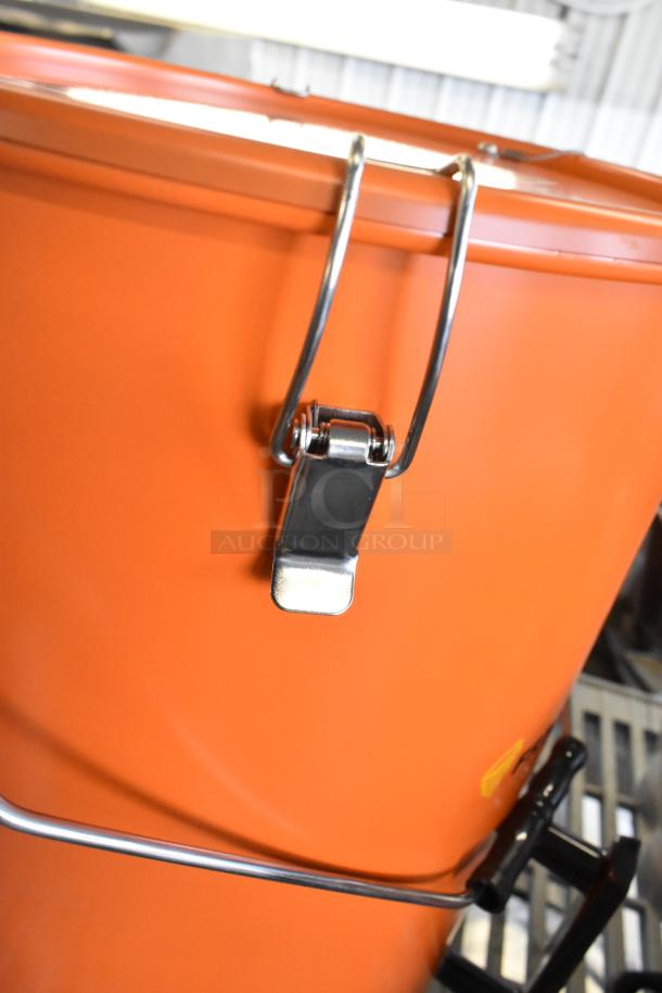 Brand new Fryclone 6.5 Gallon Orange Utility Oil Pail 259FOPN6GL, scratch and dent, shown with metal handle.
